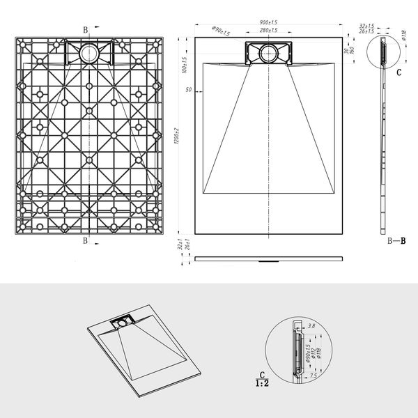 Technische Zeichnung einer rechteckigen Duschwanne mit Maßen in Millimeter, inklusive Draufsicht, Unterseite, Seitenansicht und Detailzeichnung.