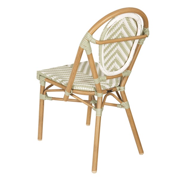 Bistro-Gartenstuhl aus Aluminium in Holzoptik mit geflochtener Sitzfläche und runder Rückenlehne im Zickzack-Muster.