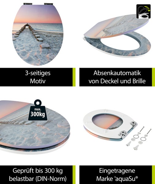 aquaSu® WC-Sitz mit Absenkautomatik, Maritim Dekor Sandbank, Gloss Toilettensitz mit Holzkern & Schnellbefestigung, universale O Form, Metallscharnier, Toilettendeckel maritim, glänzend, 406680