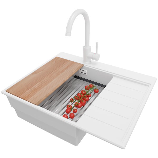 PRIMAGRAN Granitspüle Alles Weiß 62x50cm, Spülbecken 1 Becken + Küchenarmatur 32x20cm + Ablauf-Set + Küchenzubehörset, Küchenspüle ab 45er Unterschrank - Sydney