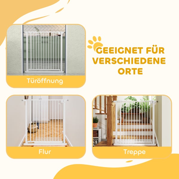 Weißes Schutzgitter aus Metall für Hunde und Kinder, montiert in einer Türöffnung, einem Flur und an einer Treppe.