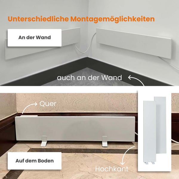 Verschiedene Montagemöglichkeiten für ein Heizpaneel: horizontal an der Wand, auf dem Boden stehend oder vertikal hochkant montiert.