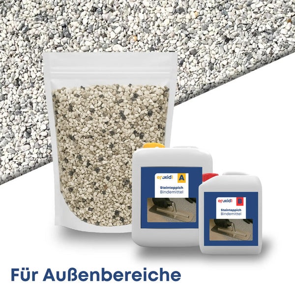 Steinteppich-Set für Außenbereiche bestehend aus einem Beutel kleiner Steine und zwei Kanistern Epoxidharz-Bindemittel.