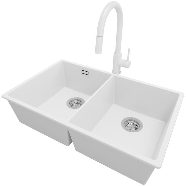 PRIMAGRAN Granitspüle Weiß 76x47cm, Spülbecken 2 Becken + Küchenarmatur 40x20cm + Ablauf-Set, Küchenspüle ab 80er Unterschrank - London Slim Twin