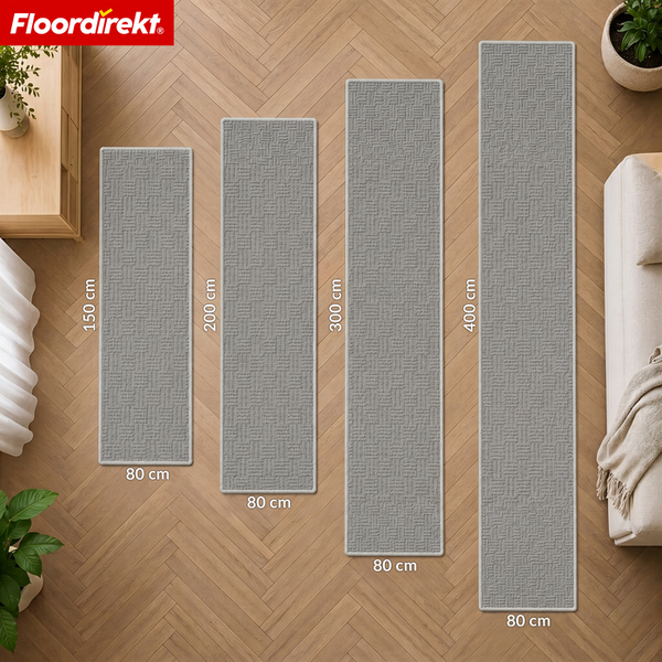 Floordirekt Logo. Vier graue Teppichläufer mit Strukturmuster in Längen von 150, 200, 300 und 400 Zentimetern, alle 80 Zentimeter breit.