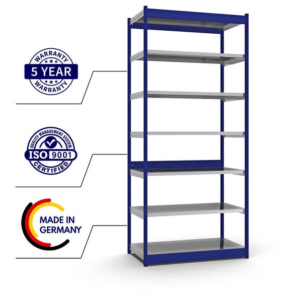 PROREGAL Fachbodenregal Stecksystem Vierkant-Profil Grundregal HxBxT 300 x 132,5 x 60 cm 7 Ebenen Einseitige Bauart Fachlast 200 kg Enzianblau