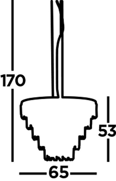 Technische Zeichnung einer Pendelleuchte mit Maßangaben: Höhe 170, Breite 65, Lampenschirmhöhe 53.