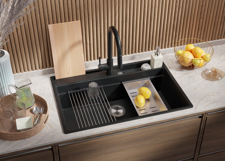 PRIMAGRAN Spülbecken Anthrazit 78x53cm, Granitspüle 1 Becken + Ablauf-Set + Küchenzubehörset, Küchenspüle ab 80er Unterschrank - Oslo Pocket
