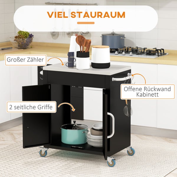 HOMCOM Küchenwagen mit Rollen, Servierwagen, Küchentrolley mit Schrank, Haken und Edelstahlgriffe, Rollwagen, Küchenhilfe, Schwarz, 86 x 50 x 86,5 cm