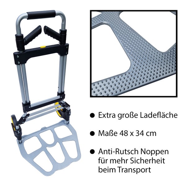Klappbare Sackkarre mit extra großer Ladefläche 48 mal 34 Zentimeter und rutschfester Struktur für den Transport von Lasten.