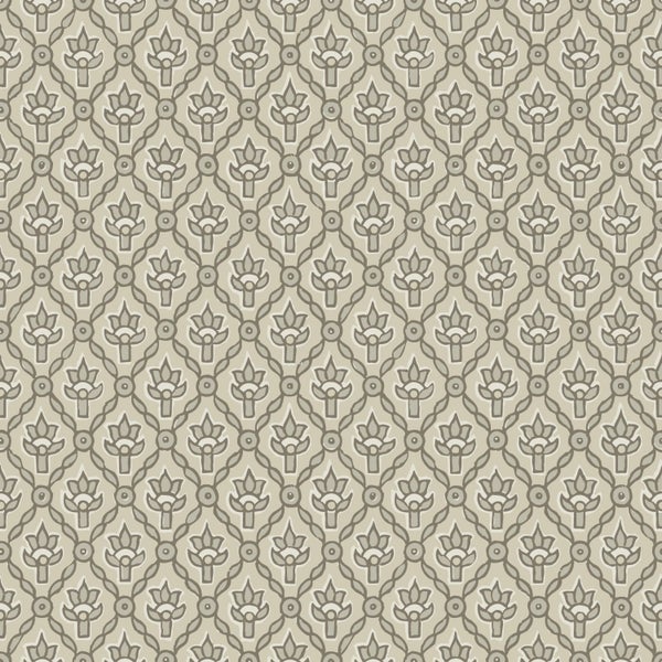 Vliestapete mit geometrischem Rautenmuster und floralen Ornamenten.