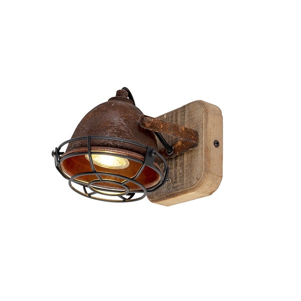 Wandleuchte mit Metallschirm und Holzhalterung