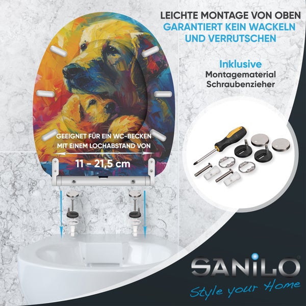Sanilo Toilettensitz mit Hundemotiv und Montagezubehör für 11 bis 21,5 Zentimeter Lochabstand inklusive Schraubendreher für einfache Montage.