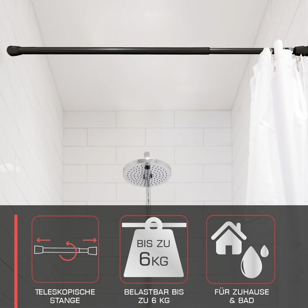 Duschstange im Badezimmer mit den Symbolen Teleskopstange, Belastbarkeit bis 6 Kilogramm und Für Zuhause und Bad
