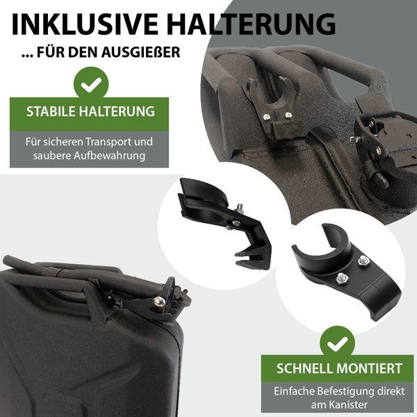 Schwarze Kunststoff-Halterung für Kanister-Ausgießer, ermöglicht stabilen Transport, saubere Aufbewahrung und einfache Montage direkt am Kanister.