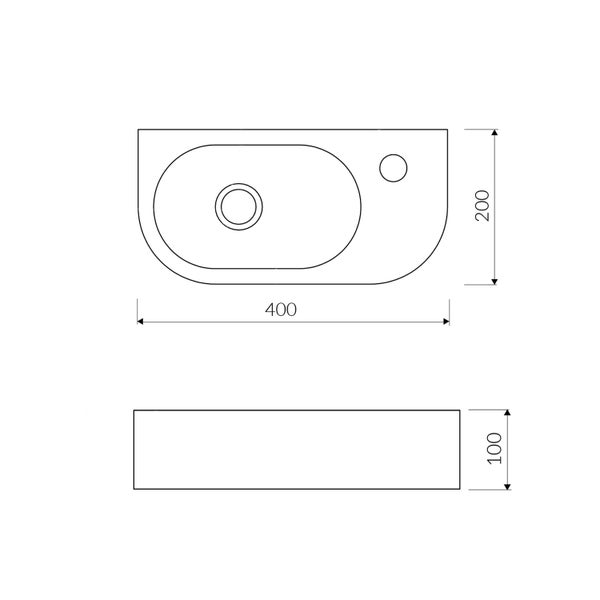 Technische Zeichnung eines Waschtisches mit den Maßen 400 x 200 x 100 mm