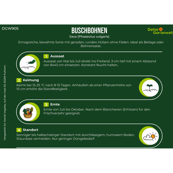 Infografik für Buschbohnen Saxa mit Details zu Aussaat, Keimung, Ernte und Standort sowie Deine Gartenwelt Logo.