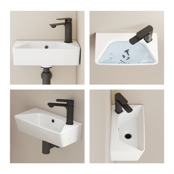 Weißes Handwaschbecken aus Keramik für das Gäste-WC mit schwarzer Armatur und schwarzem Siphon in vier verschiedenen Ansichten.