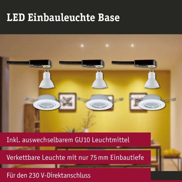 LED Einbauleuchten Set Base, inklusive auswechselbaren GU10 Leuchtmitteln, verkettbar, 75 Millimeter Einbautiefe, für 230 Volt Direktanschluss.