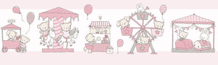 Illustration eines Vergnügungsparks mit Karussell, Riesenrad und Spielständen.