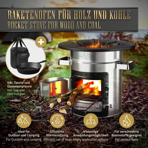 BBQ#BOSS Raketenofen mit Grillpfanne, Tragetasche, Edelstahl, Silber, + 3-tlg. Gusseisen Pfannenset, Campingkocher Holz Brennholzständer&Doppeltür, Camping BBQ Holzofen Outdoor, Dutch Oven Raketenherd