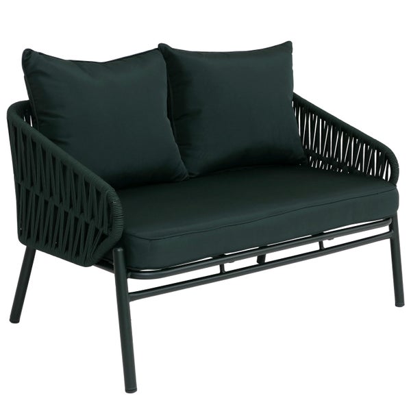 Zweisitzer-Gartensofa mit Metallgestell, Seilbespannung an den Armlehnen sowie Sitz- und Rückenkissen.