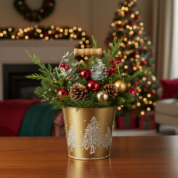 Weihnachtsgesteck in goldenem Metalleimer mit Tannenbäumen, geschmückt mit Zweigen, Weihnachtskugeln und Zapfen als stimmungsvolle Tischdekoration.