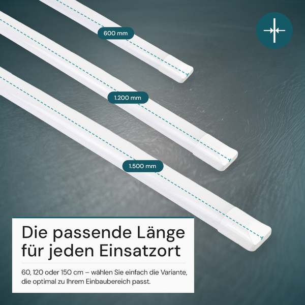 LED-Lichtleisten in drei verschiedenen Längen: 600 Millimeter, 1200 Millimeter und 1500 Millimeter. Schlankes Design für jeden Einsatzort.