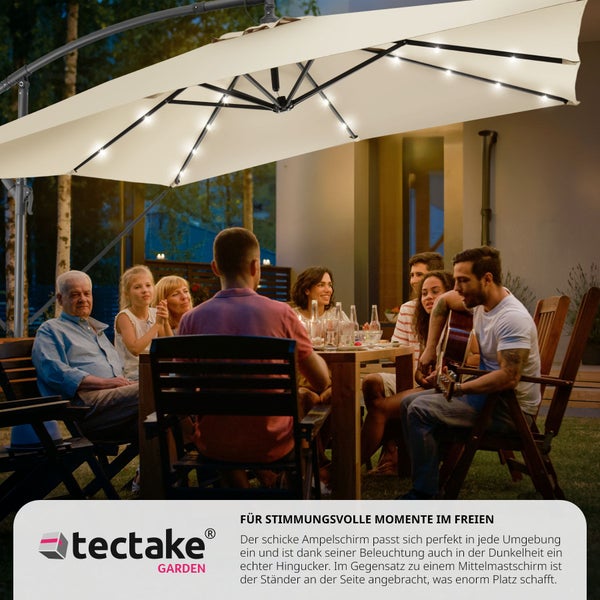 Sonnenschirm tectake Sunna wasserabweisend, inkl. Windsicherung und Schutzhülle 250 x 250 cm mit LED Solar-Beleuchtung beige