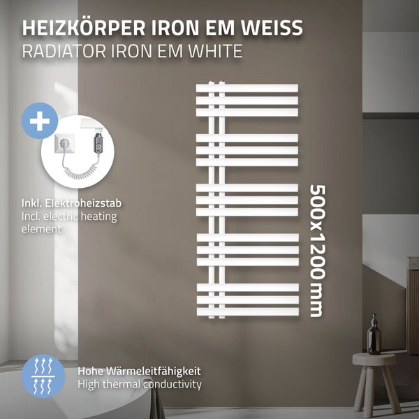 ECD Germany Iron EM Design Badheizkörper Elektrisch mit Heizstab 900 W - 500 x 1200 mm - Weiß - Designheizkörper Paneelheizkörper Heizkörper Handtuchwärmer Handtuchtrockner