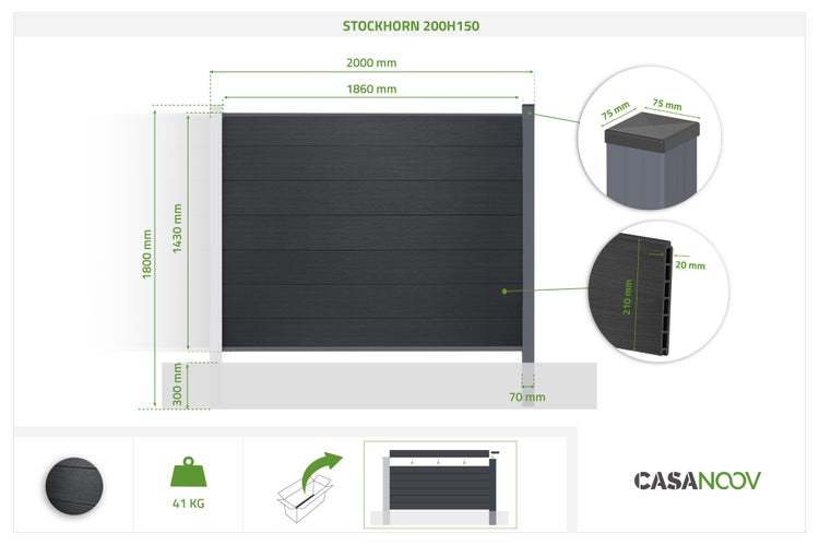 Technische Zeichnung des Casanoov Stockhorn Verbundzauns mit Maßen: 2000 Millimeter Breite, 1800 Millimeter Höhe und 41 Kilogramm Gewicht.