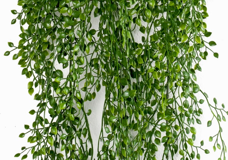 Künstliche Hängepflanze mit kleinen grünen Blättern, Emerald Logo.