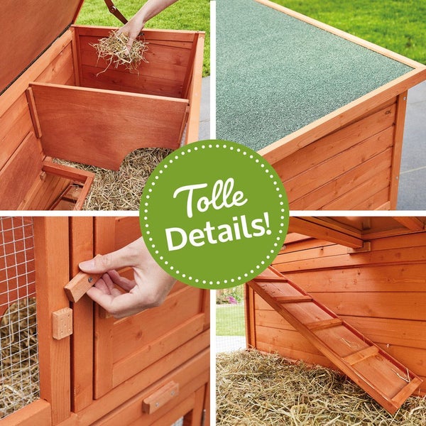 Kleintierstall aus Holz mit funktionalen Details: Heu im Innenraum, witterungsbeständiges Dach, Holzriegel und Rampe.