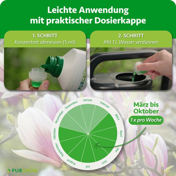 Anwendungshinweise für Purgrün Dünger mit Dosierungsschritte und jährlichem Anwendungszeitraum von März bis Oktober.