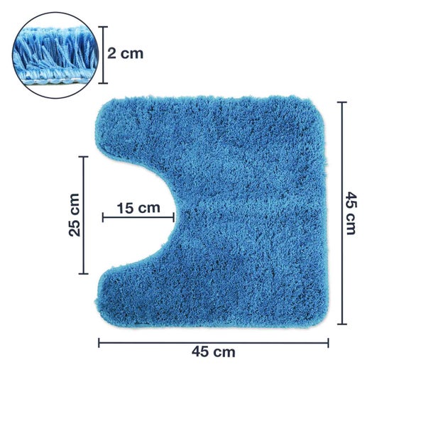 Blaue WC-Vorleger mit den Maßen 45 cm x 45 cm und einer Florhöhe von 2 cm.