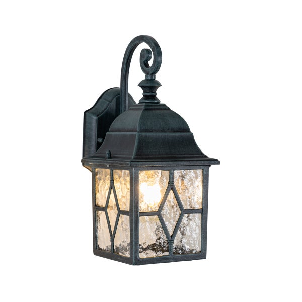 Klassische Außenwandleuchte in Laternenform aus Metall mit strukturiertem Glas und Rautenmuster.