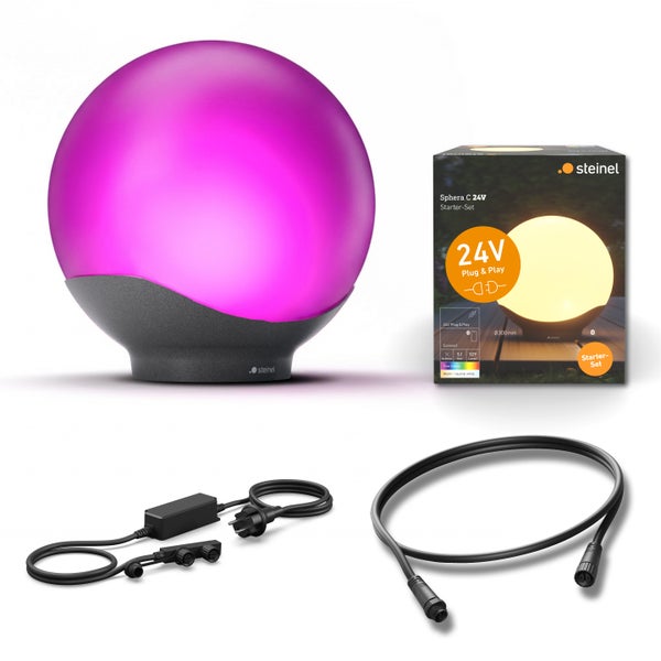 Steinel Sphera C 24 Volt Starter-Set bestehend aus einer kugelförmigen Außenleuchte, einem Netzteil und einem Verbindungskabel.