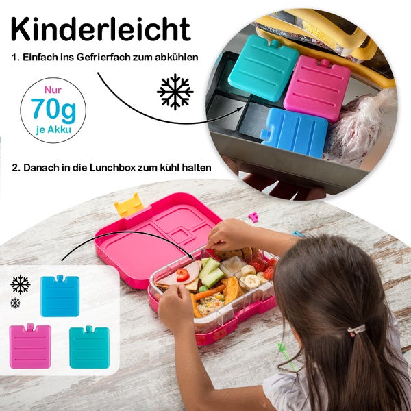 Szene mit einer bunten Lunchbox und Kühlakkus, die zeigen, wie man eine Lunchbox einfach kühlt