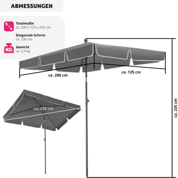 Sonnenschirm tectake Vanessa UV-Schutz 50+ 200 x 125 cm grau