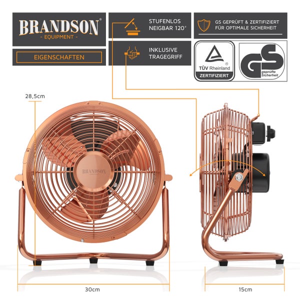 Brandson Windmaschine Retro Stil, Ventilator im Kupfer Design mit 3 Geschwindigkeiten, Standventilator 32 Watt, Tischventilator, 120° einstellbar