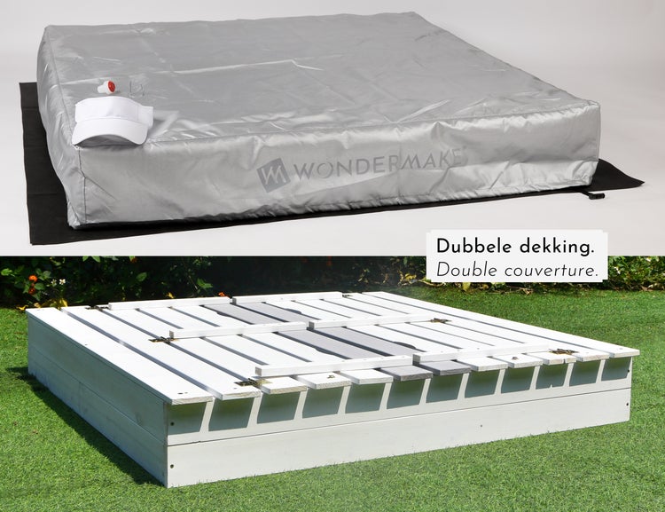 WONDERMAKE - Design Sandkasten mit Abdeckung Deckel Sitzbank und Boden, Sandkiste Holz quadratisch verschließbar mit Bank Outdoor Garten für Kinder, Tanne, weiß grau silber