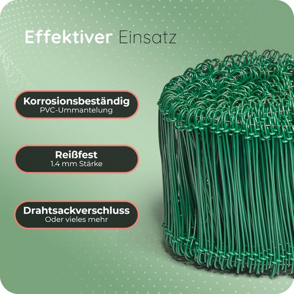 Grüne Sackverschlüsse aus PVC-ummanteltem Draht, 1,4 mm stark, korrosionsbeständig und reißfest für effektiven Einsatz.