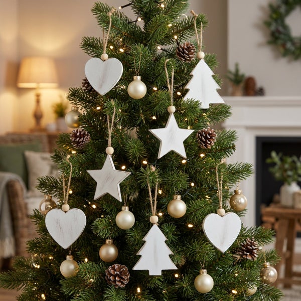 Weihnachtsbaum geschmückt mit hölzernen Anhängern in Herz, Stern und Tannenbaum Form sowie Weihnachtskugeln und Tannenzapfen.