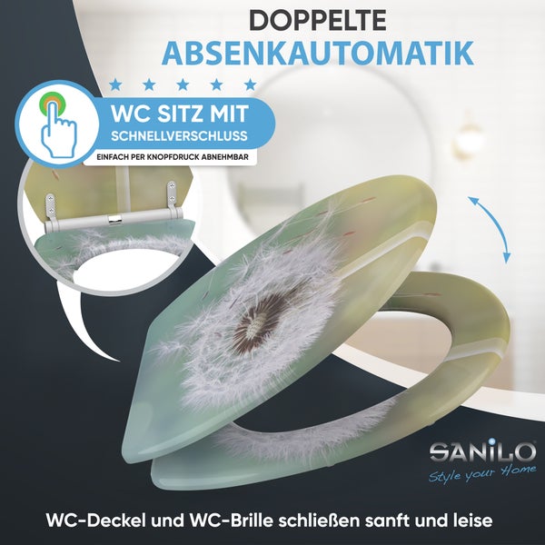 Sanilo WC-Sitz mit Pusteblumen-Motiv, doppelter Absenkautomatik für sanftes Schließen und Schnellverschluss per Knopfdruck. Sanilo Logo.