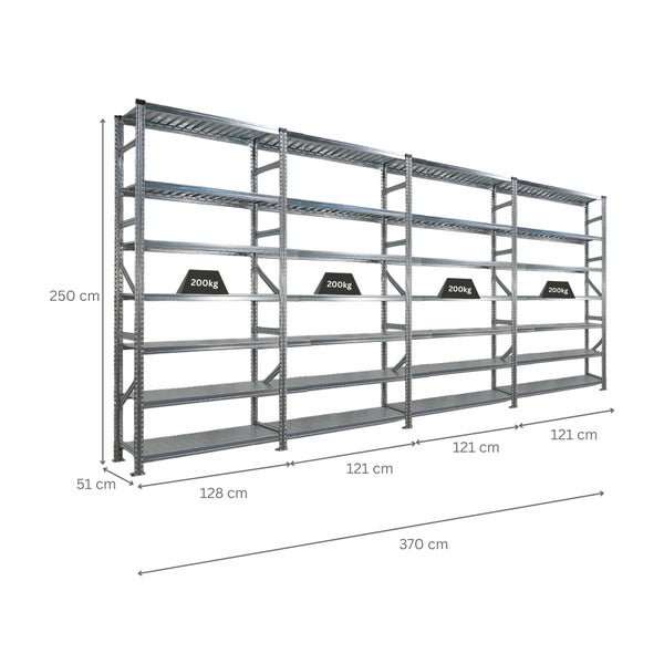 Metallregal mit den Maßen 370 cm Länge, 250 cm Höhe und 51 cm Tiefe