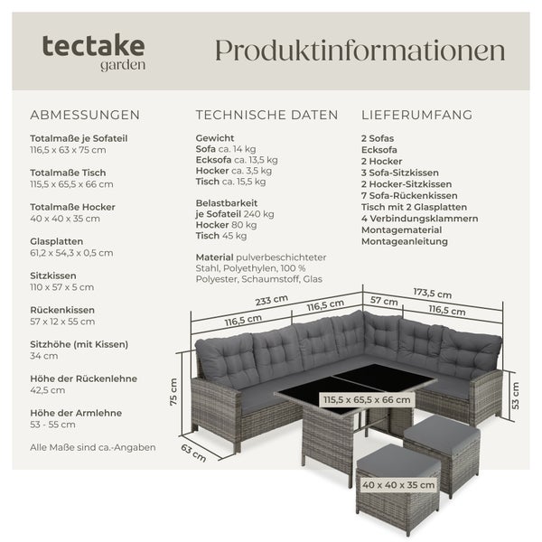 Rattan Lounge tectake Barletta mit Sicherheitsglasplatten für 6 bis 8 Personen grau/beige
