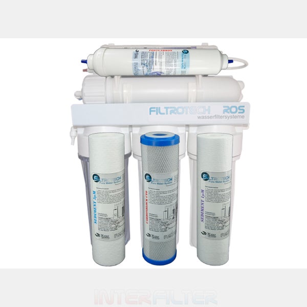 Filtrotech Umkehrosmose Wasserfiltersystem mit Ersatzfilterkartuschen und Postcarbonfilter.