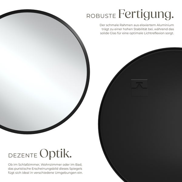 Runder Wandspiegel tectake Fiona integrierte Befestigungshaken Ø 80 cm schwarz