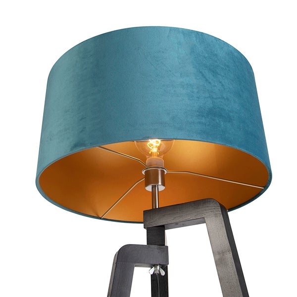 Stehlampe mit Stoffschirm und Holzfuß