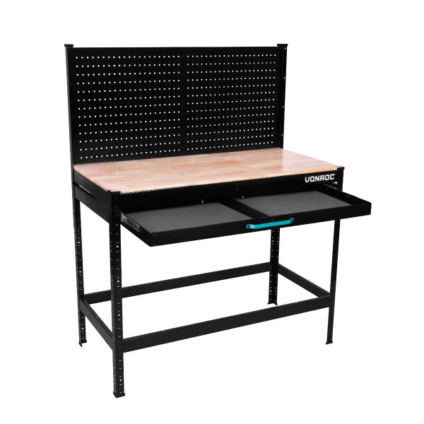 VONROC Werkbank / Arbeitstisch - Lochrückwand und Schublade - Belastbarkeit 130kg - Inkl. 15 Haken